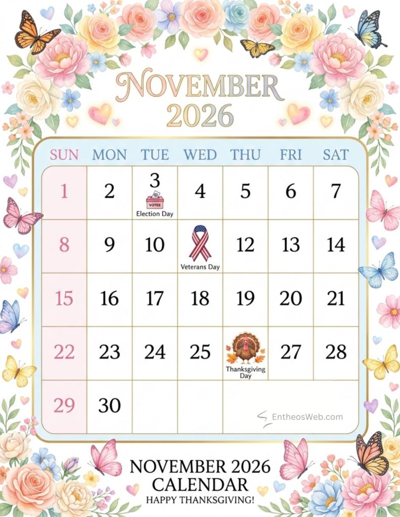 November 2026 calendar page with a floral border election day on nov 3 veterans day on nov 11 and thanksgiving day on nov 27 November 2026 calendar with holidays butterflies hearts