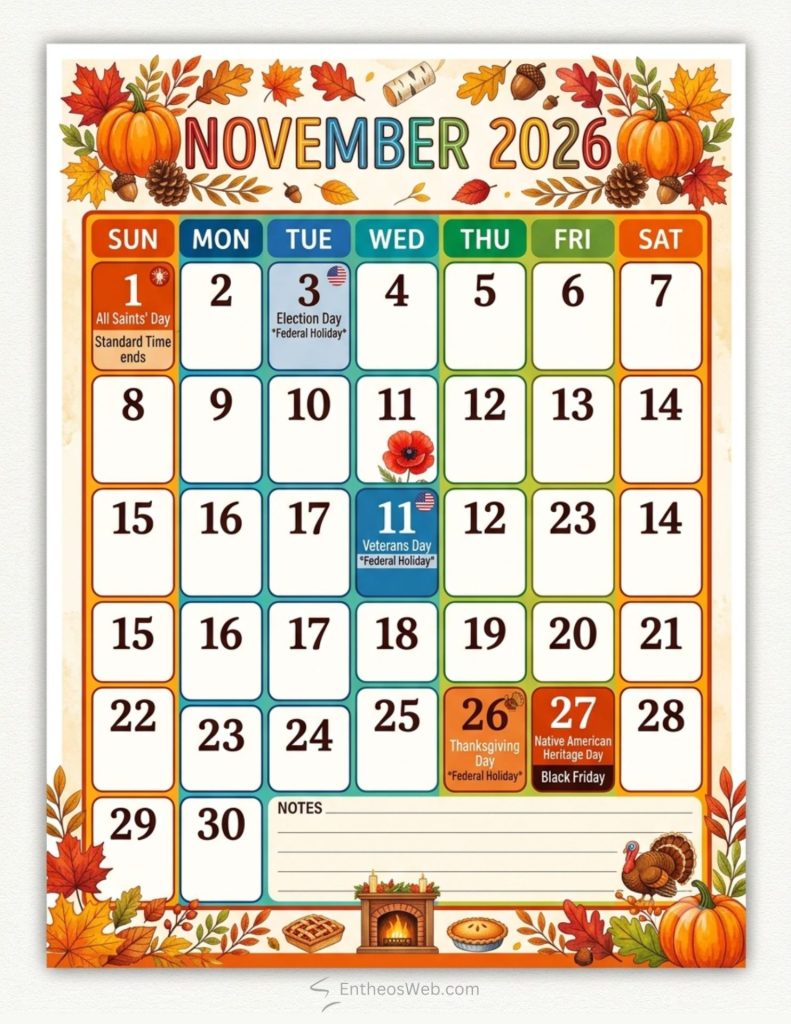 Decorative autumn calendar page for november 2026 with a grid of days and holiday notes at the bottom November 2026 calendar with holidays pumpkins pie