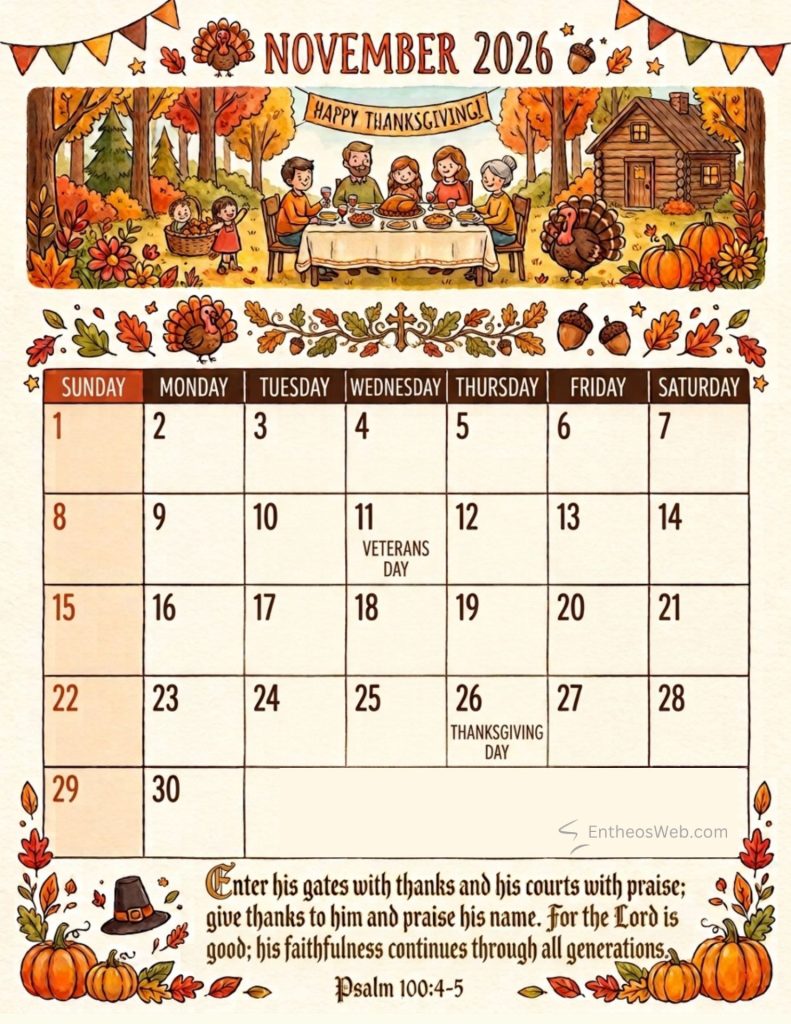 Thanksgiving themed november 2026 calendar page showing a family dinner outdoors pumpkins and autumn leaves with a cottage in the background and a happy thanksgiving banner above the table November 2026 calendar with holidays thanksgiving bible verse