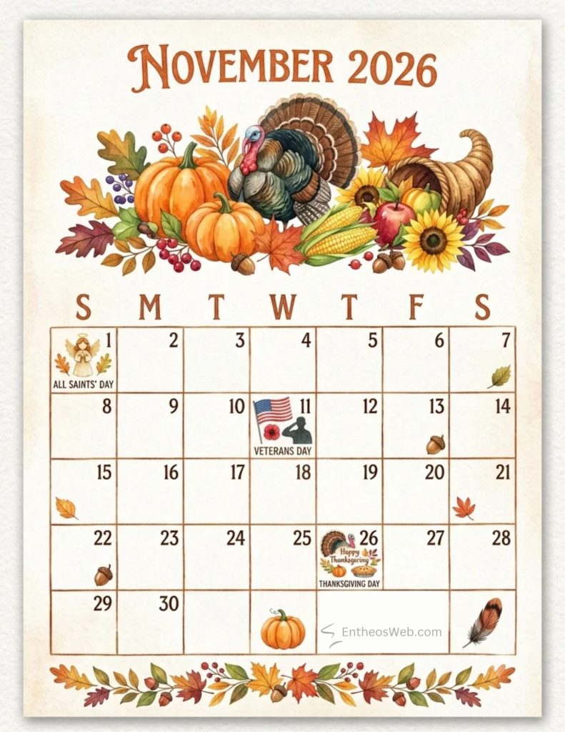 November 2026 calendar page with autumn harvest artworkpumpkins corn leaves and a turkey November 2026 calendar with holidays turkey thanksgiving