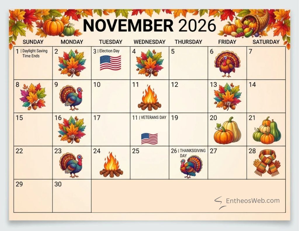 Decorative november 2026 calendar page with autumn leaves pumpkins and turkeys holidays marked election day veterans day thanksgiving November 2026 calendars with holidays and observances 2