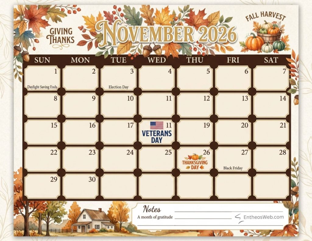 November 2026 calendar page with a fall harvest design and leaf border shows holidays election day veterans day thanksgiving day black friday November 2026 calendars with holidays and observances notes fall harvest giving thanks
