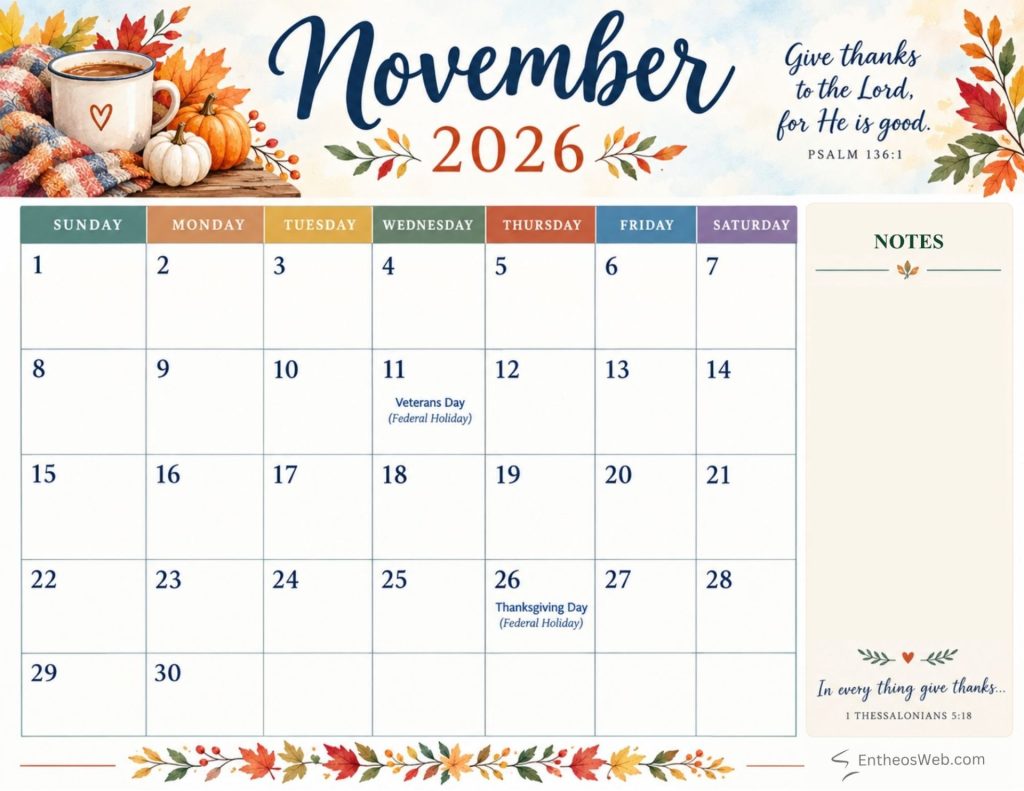 November 2026 calendars with us federal holidays notes bible verses | printable november 2026 calendars with holidays observances | entheosweb November 2026 calendar with us holidays and notes and bible verse november 2026 calendars with us federal holidays notes bible verses