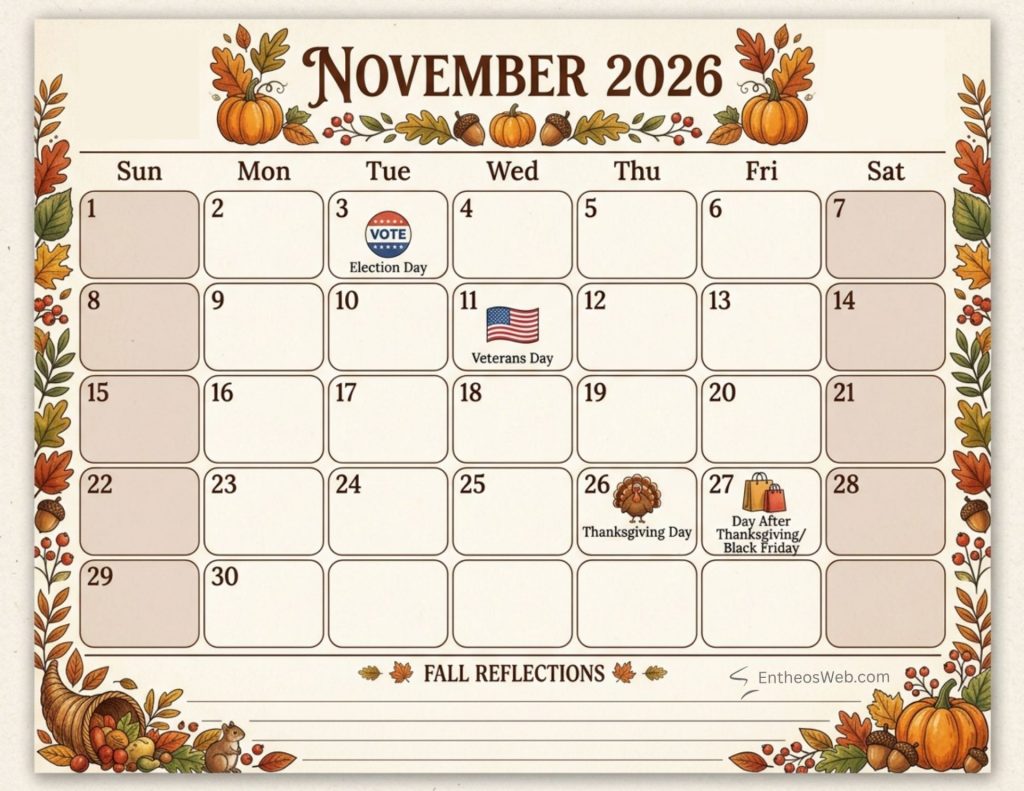 November 2026 calendar page with autumn decor key dates election day on nov 3 veterans day on nov 11 thanksgiving on nov 26 and black friday on nov 27 November 2026 calendars with us holidays and observances pumpkins