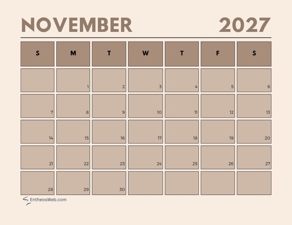 November 2027 calendar grid with days of the week s m t w t f s and dates 130 on a beige background watermark entheosweb Com in the corner November   aesthetic pastel calendar 2027