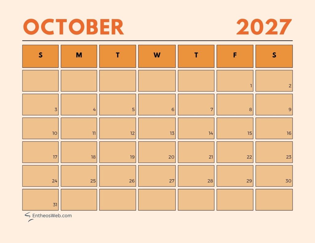 October 2027 monthly calendar grid with orange day boxes and a row of initials for s m t w t f s at the top october   aesthetic pastel calendar 2027
