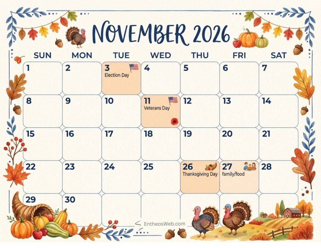 Printable november 2026 calendars with holidays and observances | printable november 2026 calendars with holidays observances | entheosweb Printable monthly calendar for november 2026 with an autumnthanksgiving theme printable november 2026 calendars with holidays and observances