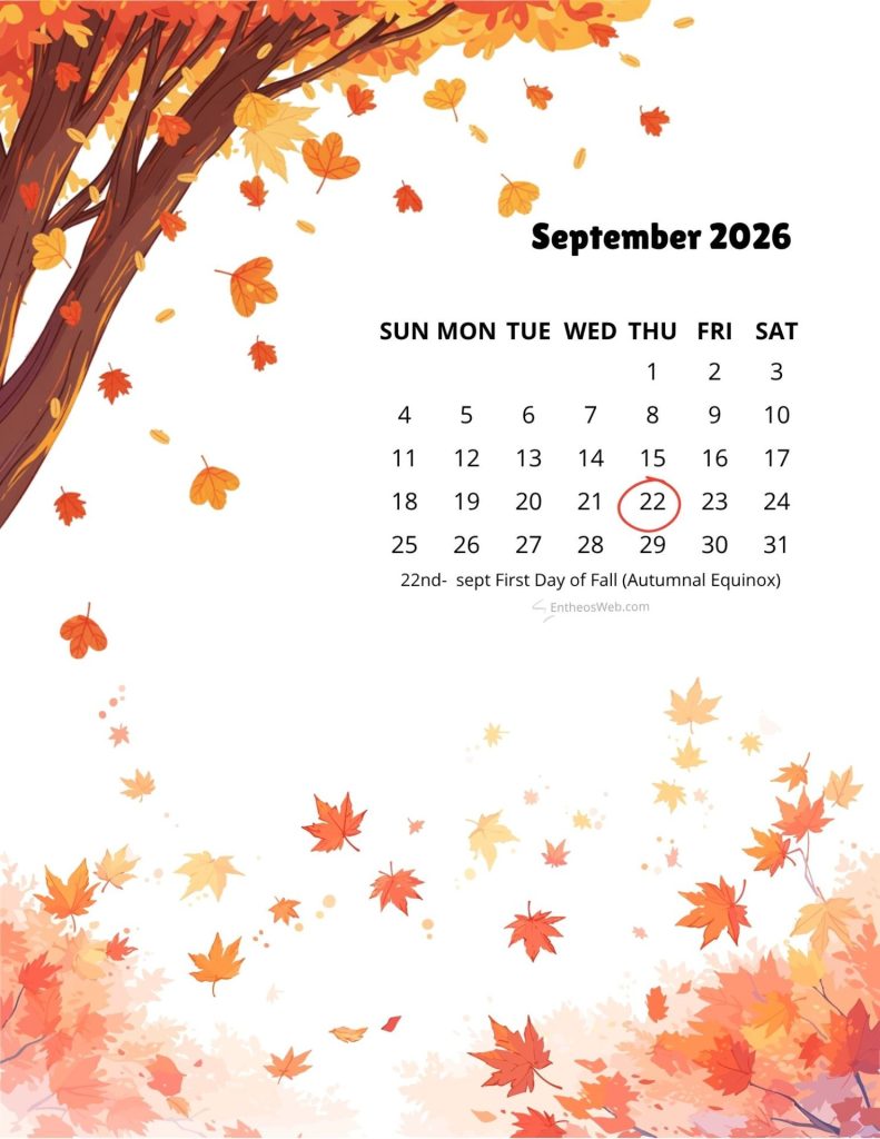September 2026 calendar on a white background with an autumn tree and falling orange leaves the 22nd is circled marking the autumnal equinox Sept 2026 22nd first day of fall autumnal equinox