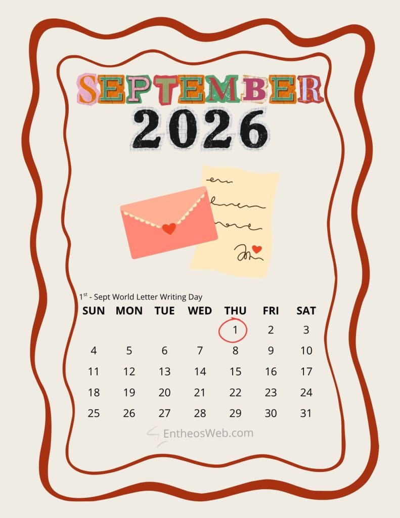 Calendar page for september 2026 with a decorative wavy border featuring a pink envelope and handwritten note above the dates and a circled 1 indicating world letter writing day on the 1st September 2026 1st world letter writing day