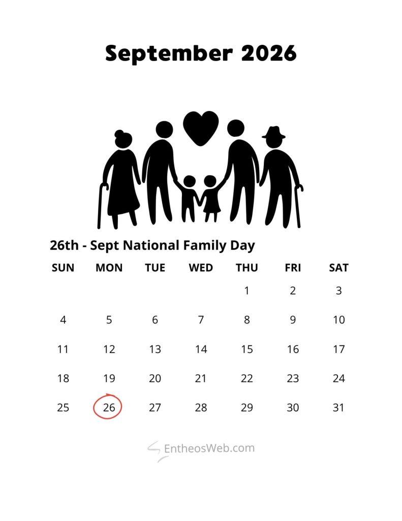 September 2026 calendar page with 26th circled in red for national family day featuring silhouette of a family holding hands and a heart above them september 2026 26th national family day