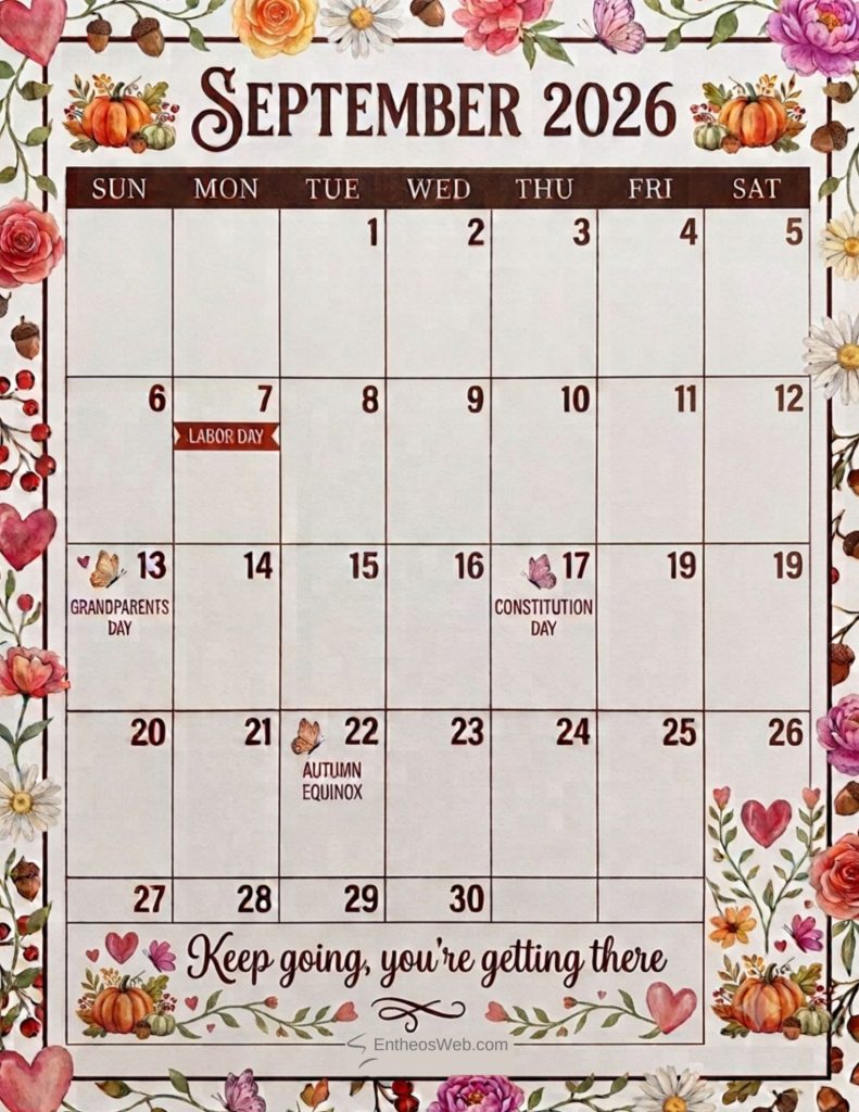 Decorative september 2026 calendar page with a floral border highlighting labor day on sept 7 grandparents day on sept 13 constitution day on sept 17 and autumn equinox on sept 23 September 2026 calendar holidays inspiring