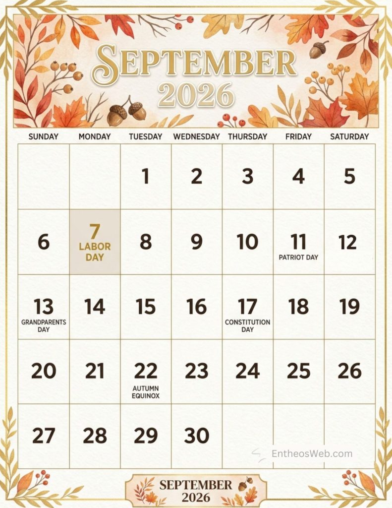 September 2026 calendar with holidays and observances   fall leaves and pine cones september 2026 calendar holidays observances