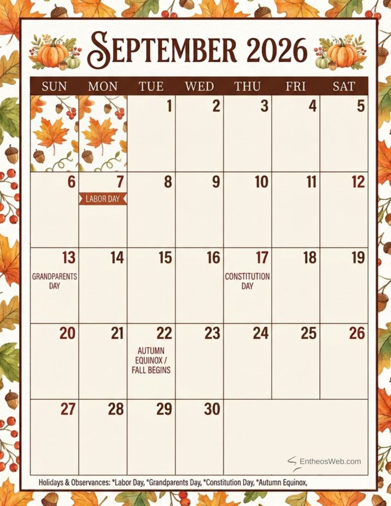 September 2026 calendar page with an autumn leaf border and pumpkins showing labor day on sept 7 and additional holidays noted in the lower days panel september 2026 calendar observances holidays