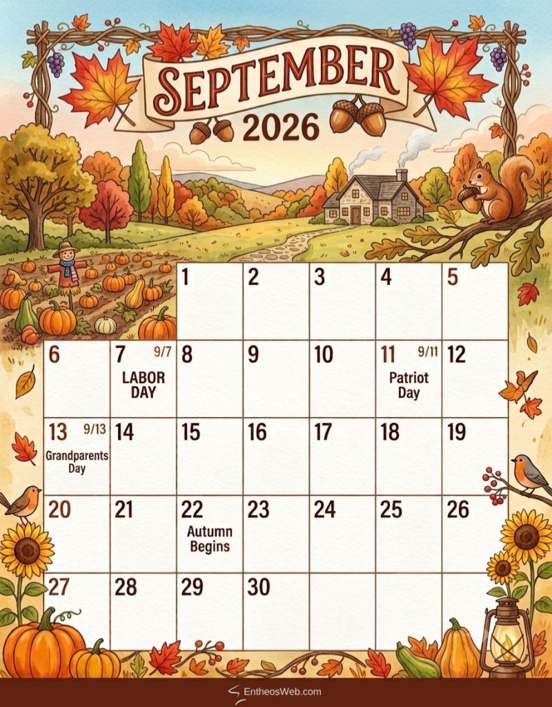 Illustrated september 2026 calendar page set in an autumn scene with pumpkins leaves and a farmhouse calendar grid shows labeled holidays labor day on the 7th patriot day on the 11th grandparents day on the 13th and autumn begins on the 22nd September 2026 calendar us holidays seasonal 2