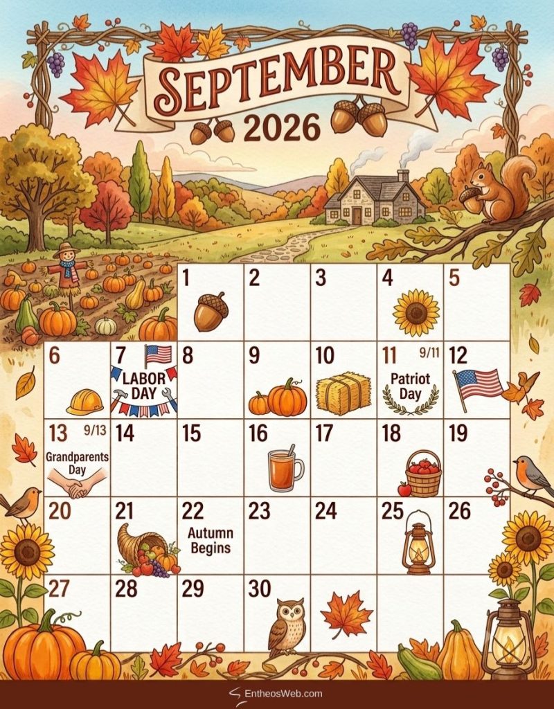 September 2026 calendar us holidays seasonal | free printable september calendars for 2026 vertical designs | entheosweb Autumn themed september 2026 calendar page with pumpkins leaves and a farm backdrop dates 130 with event icons labor day patriot day grandparents day September 2026 calendar us holidays seasonal