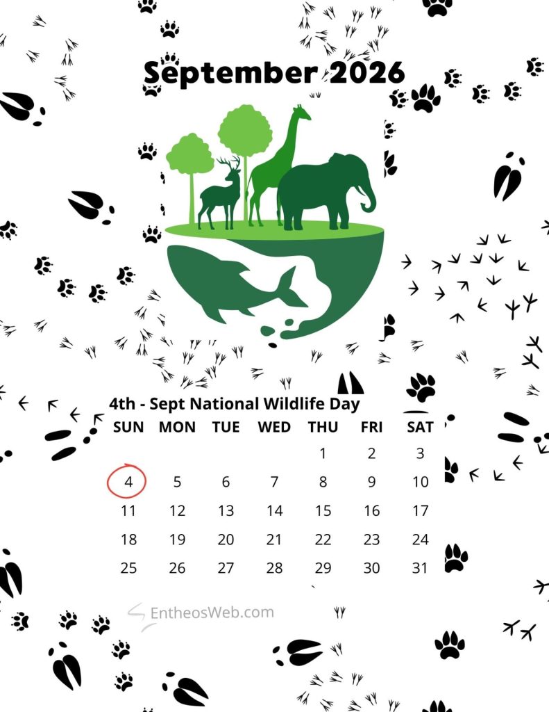 Calendar page for september 4th national wildlife day showing green silhouettes of a giraffe deer and elephant on a floating island with trees September 2026 rth national wildlife day