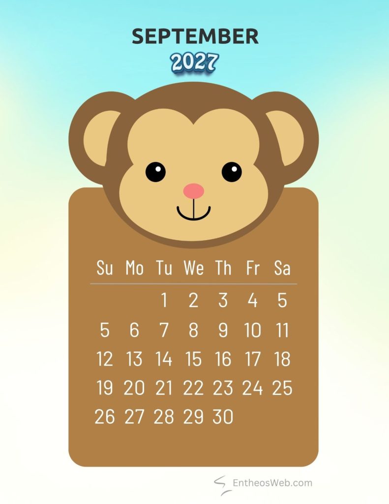 September 2027 adorable monkey animal monthly calendar | 2027 adorable animals monthly calendar | entheosweb September 2027 adorable monkey animal monthly calendar september 2027 adorable monkey animal monthly calendar