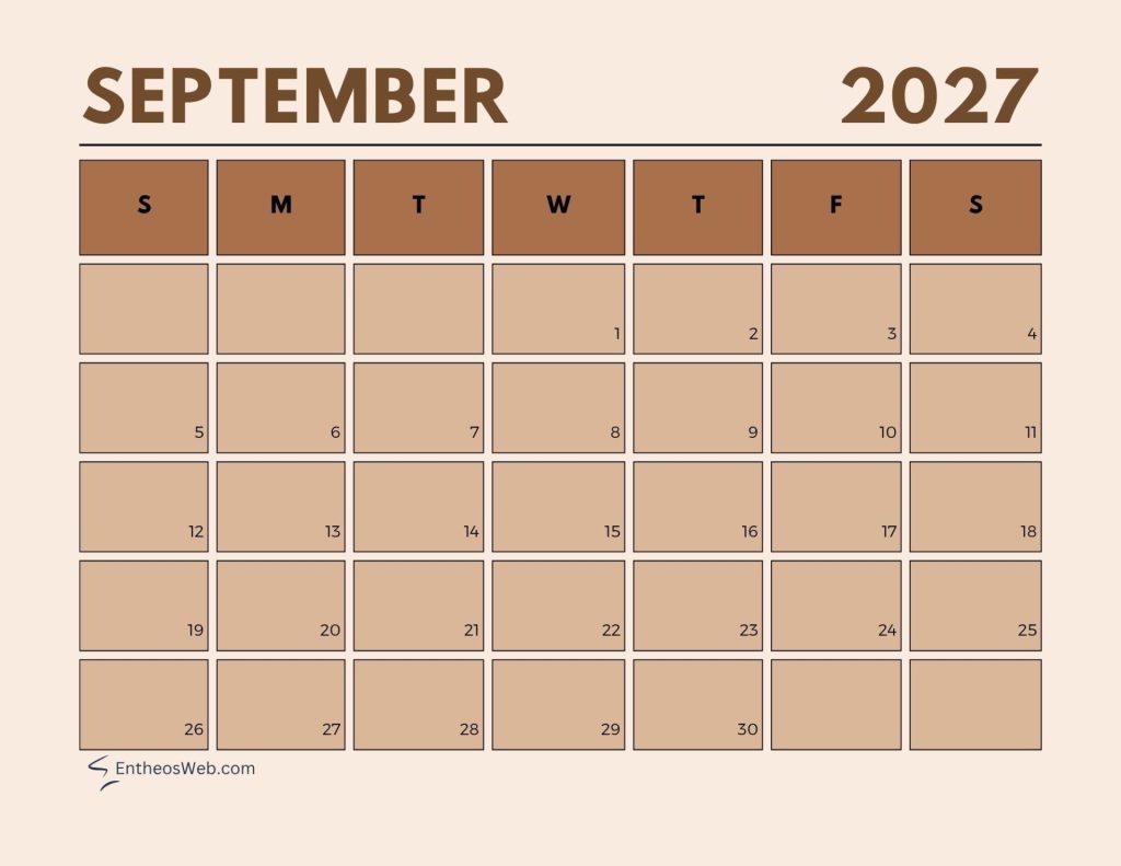 September 2027 calendar grid with days of the week and date boxes on a beige background September   aesthetic pastel calendar 2027