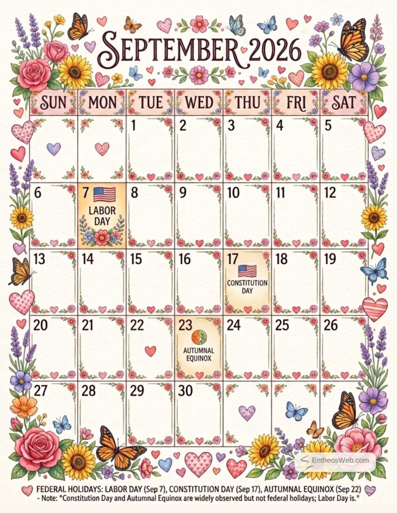 Decorative september 2026 calendar page with floral border and butterflies highlights labor day sept 7 constitution day sept 17 and autumnal equinox sept 22 September calendar 2026 holidays observances 1