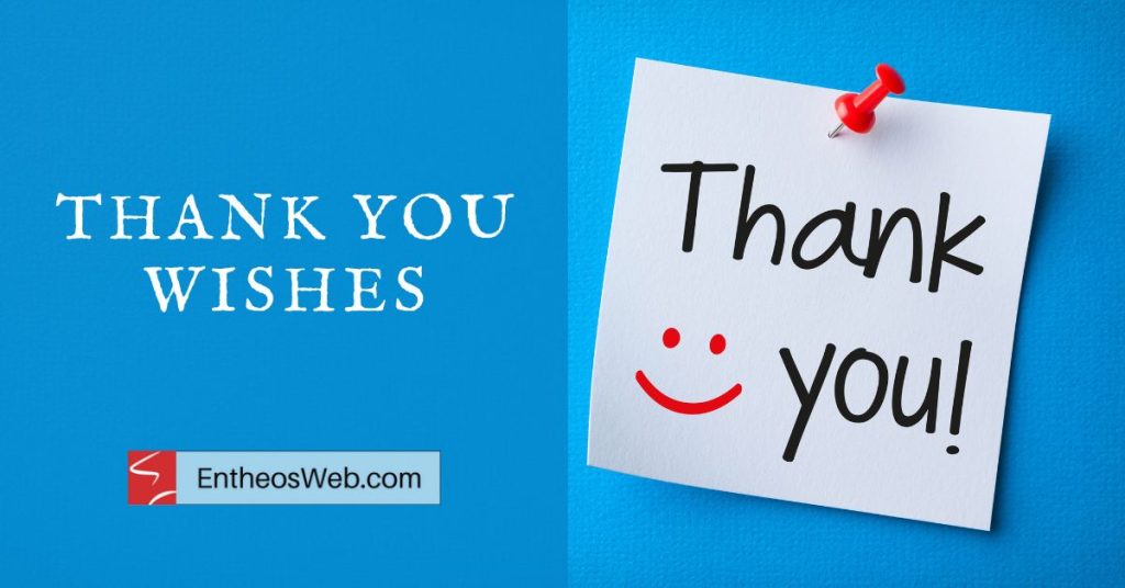 Blue split layout with  thank you wishes'THANK YOU WISHES' on the left and a pinned handwritten 'Thank you!' note beside the EntheosWeb.com logo on the right edge of the blue background.