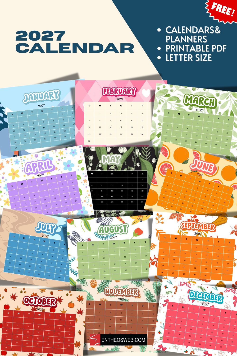 2027 calendar pin | 2027 calendar | entheosweb Collage of colorful 2027 monthly calendars each month in a unique design with a free promo banner in the corner 2027 calendar pin