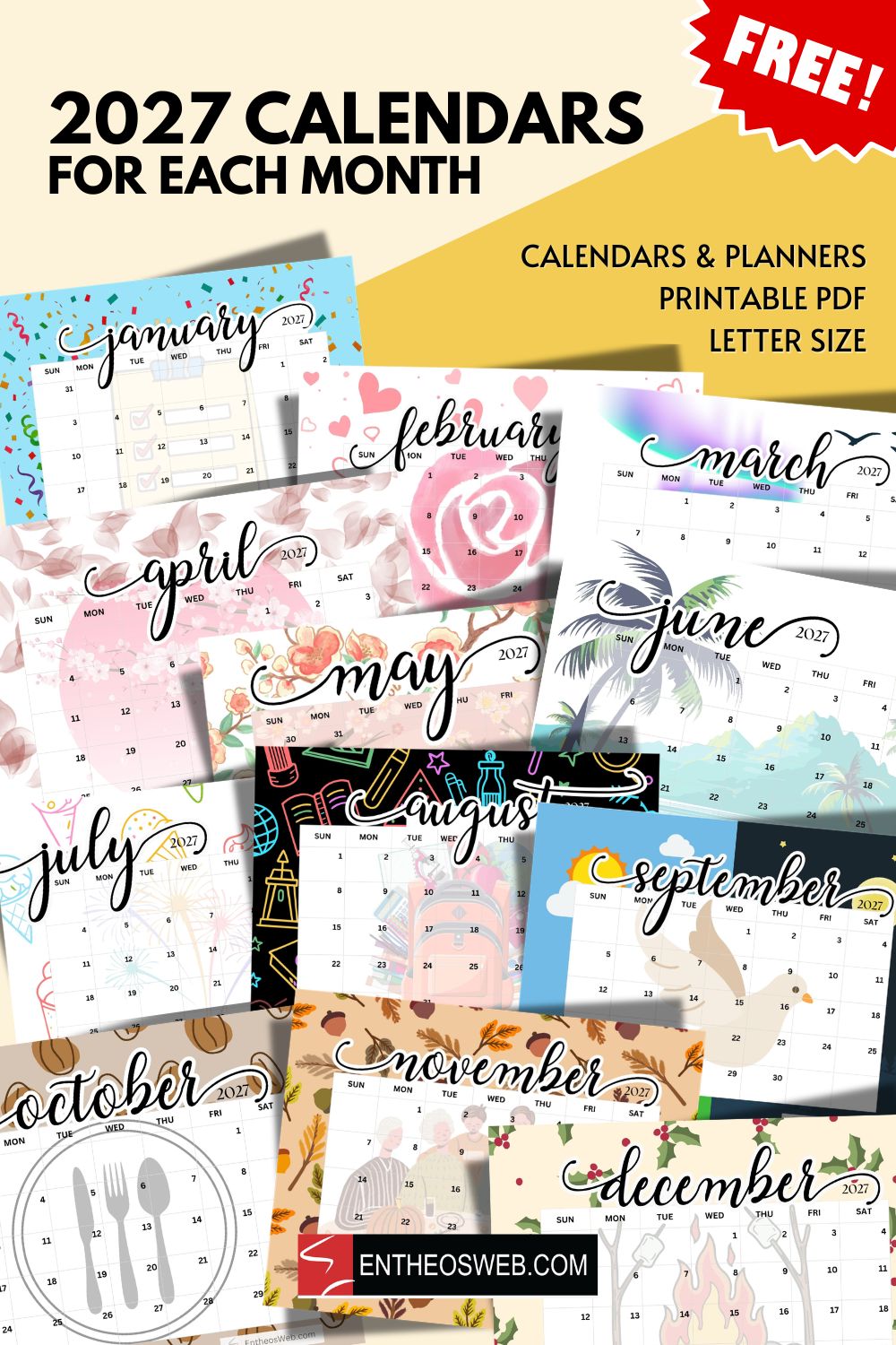 2027 calendars for each month pin | 2027 calendar printable for each month | entheosweb Collage of colorful 2027 monthly calendar pages with decorative designs and a red free banner 2027 calendars for each month pin