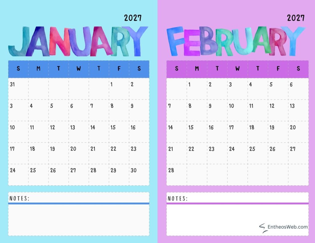 Two page 2027 calendar spread january on the left in blue with colorful header february on the right in pink with colorful header and notes area 2027 january and february watercolor two month calendar