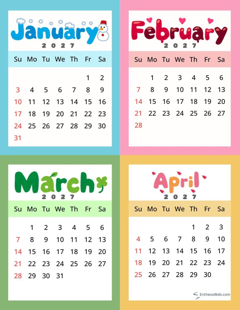 Collage of colorful 2027 monthly calendars each card shows the month name year day headers and numbered days in a decorative style 2027 january february march and april   four month calendar