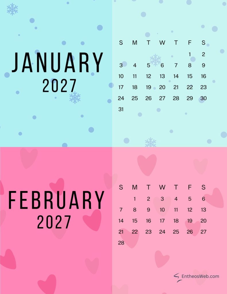 Calendar graphic showing january 2027 on a blue panel and february 2027 on a pink panel with days of the week and numbered dates visible 2027 january snowflakes and february hearts two month calendar