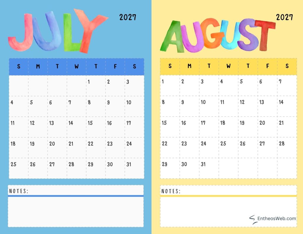 Two page planner spread july 2027 on blue left and august 2027 on yellow right each with weekly grids and notes boxes 2027 july and august two month calendar