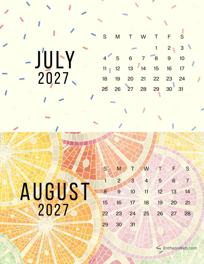 Decorative calendar graphic showing julyaugust 2027 with confetti like background and mosaic border 2027 july confetti and august citrus two month calendar
