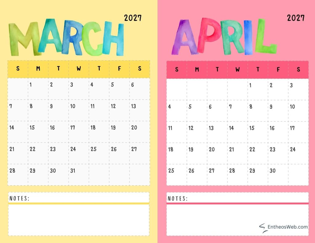 Two page 2027 calendar spread march left on yellow april right on pink with colorful headings and date grids beneath s m t w t f s 2027 march and april two month calendar