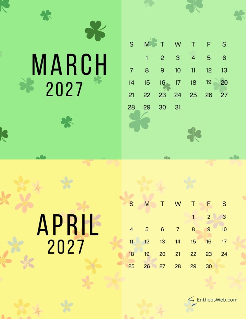Calendar spread showing march and april 2027 with shamrock motifs and pastel backgrounds green for march yellow for april 2027 march clovers and april flowers two month calendar