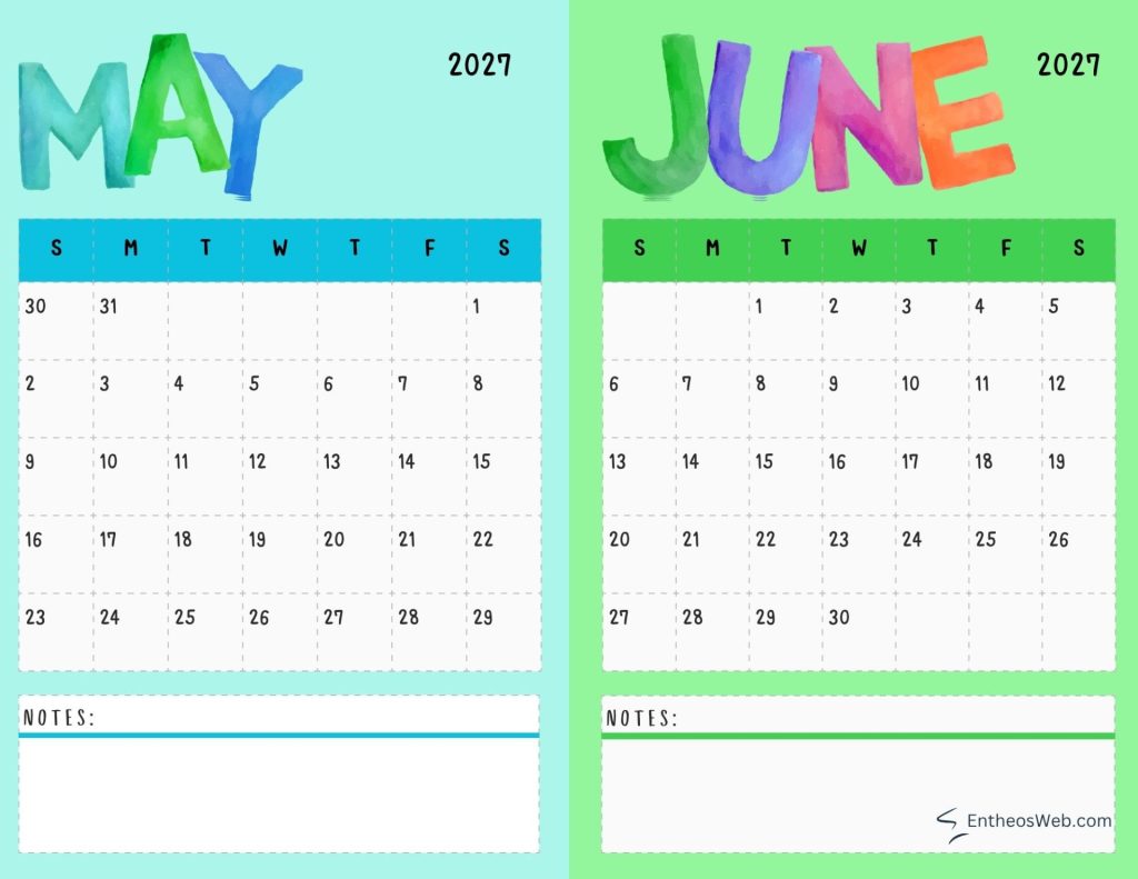 Two side by side calendar pages for may and june 2027 with notes sections below 2027 may and june two month calendar