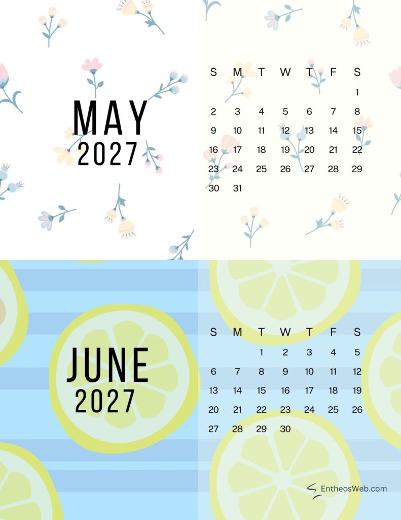 Calendar spread showing may 2027 on the left and june 2027 on the right with decorative floral and lemon themed backgrounds 2027 may flowers and june lemons two month calendar