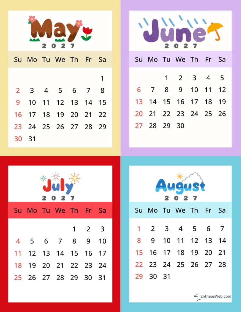 Four month calendar collage for mayaugust 2027 with colored panels and weekly day headers sunsat Sundays in red in each month 2027 may june july and august   four month calendar