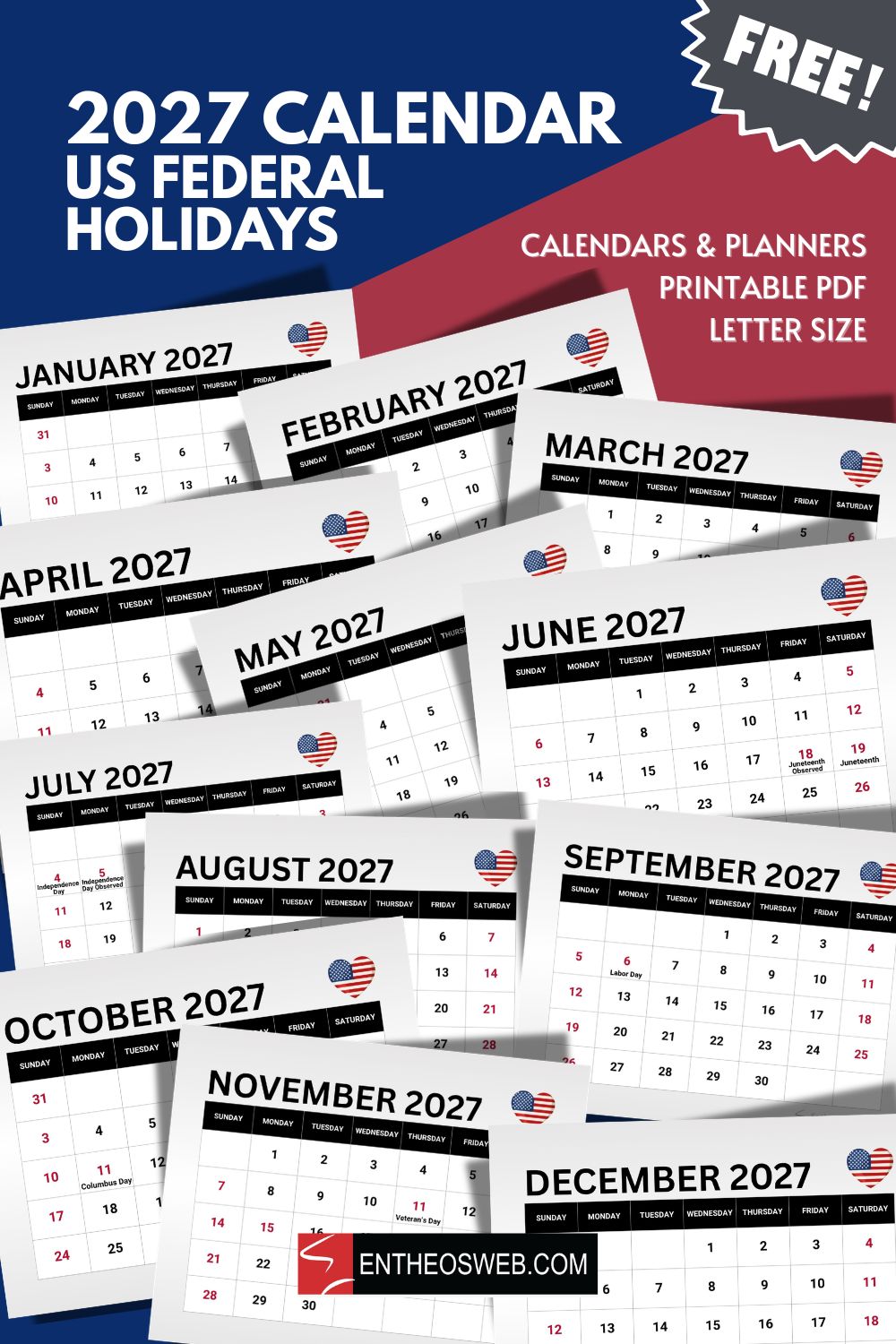 2027 monthly calendar with us federal holidays heart us flag pin | 2027 monthly calendar with us federal holidays | entheosweb Collage of overlapping 2027 us federal holidays calendars showing months from january to december with a blue header and a prominent free badge 2027 monthly calendar with us federal holidays heart us flag pin