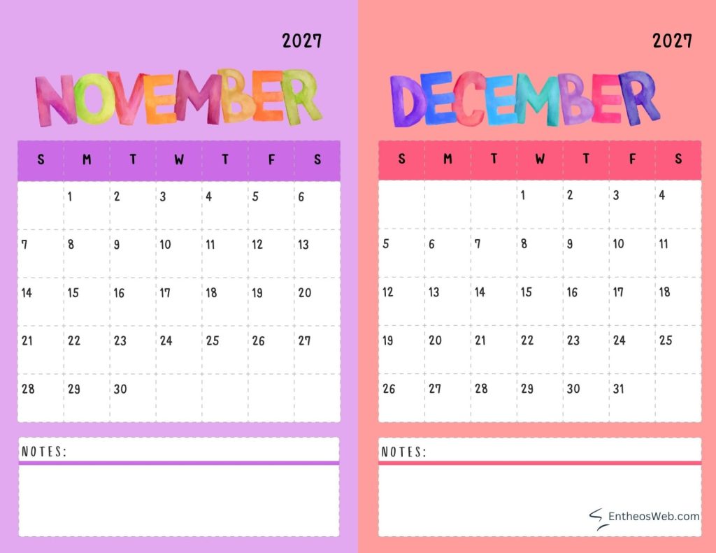 Two page 2027 calendar spread showing november left and december right with colorful headings and a notes section below each month 2027 november and december two month calendar