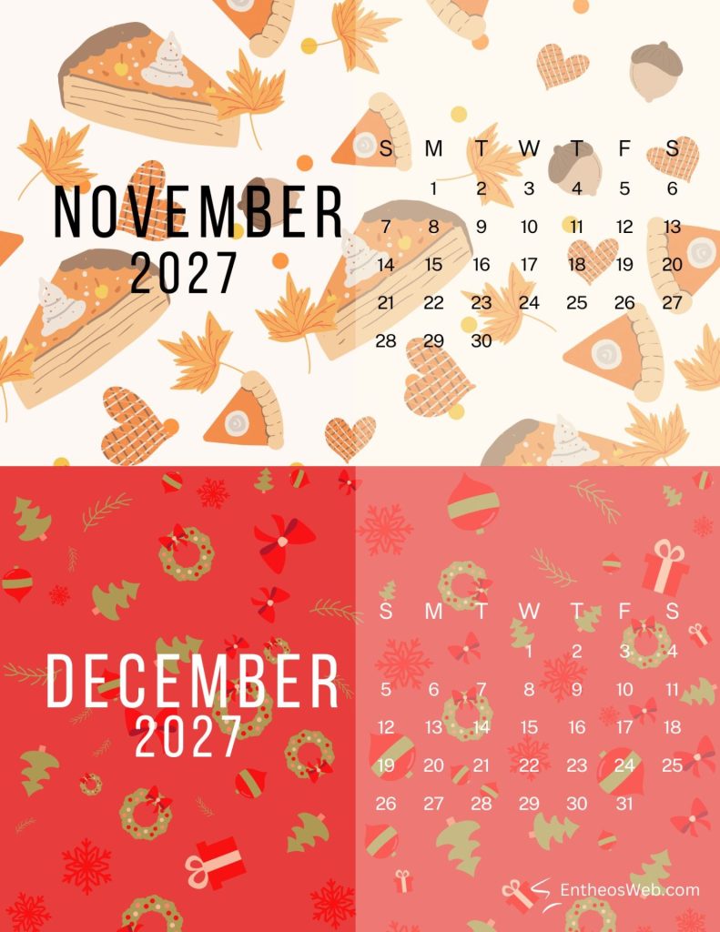 Decorative calendar collage showing november 2027 and december 2027 grids with autumn leaves pies and holiday ornaments 2027 november pumpkin pie and december wreaths two month calendar