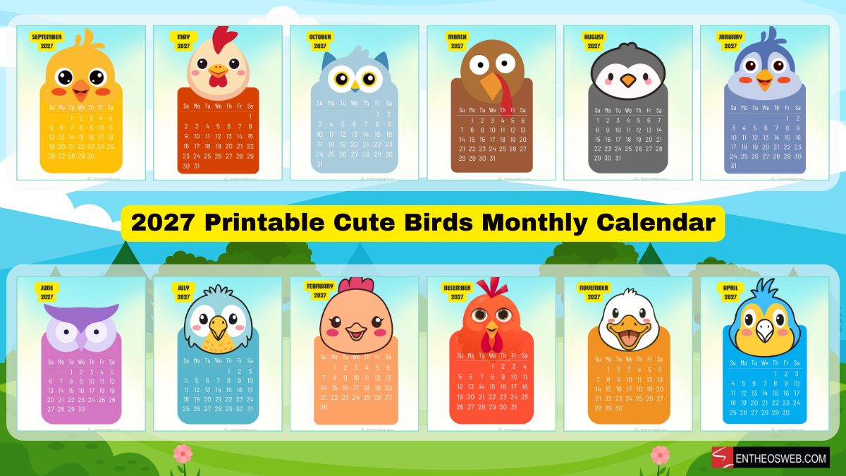 Two-row grid of twelve pastel calendar cards, each with a cute cartoon bird for a 2027 monthly calendar, titled '2027 Printable Cute Birds Monthly Calendar'.