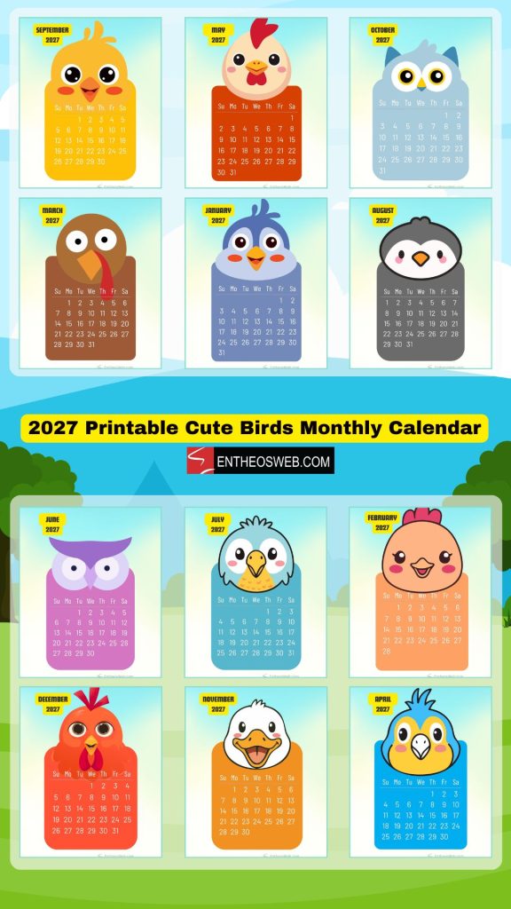 2027 printable cute birds monthly calendar pimg | 2027 printable cute birds monthly calendar | entheosweb Collage of 12 2027 monthly calendars featuring cute cartoon birds on pastel backgrounds arranged in a grid 2027 printable cute birds monthly calendar pimg