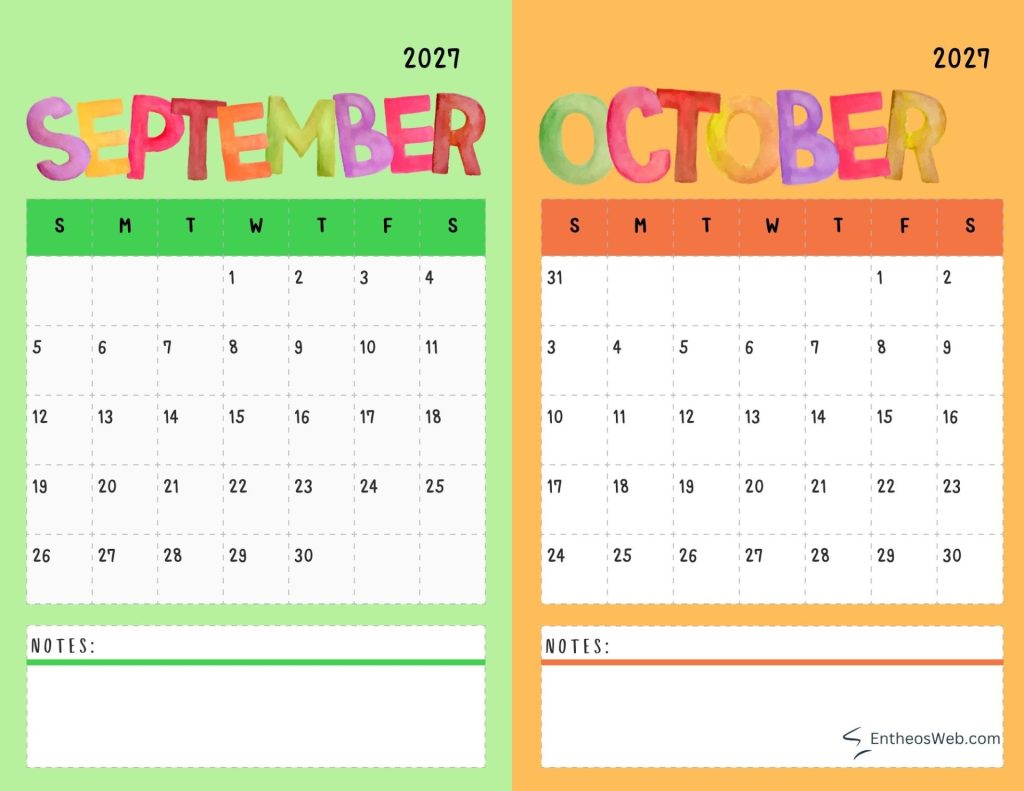 Colorful 2027 calendar spread showing september left with green header and october right with orange header plus notes sections below 2027 september and october two month calendar