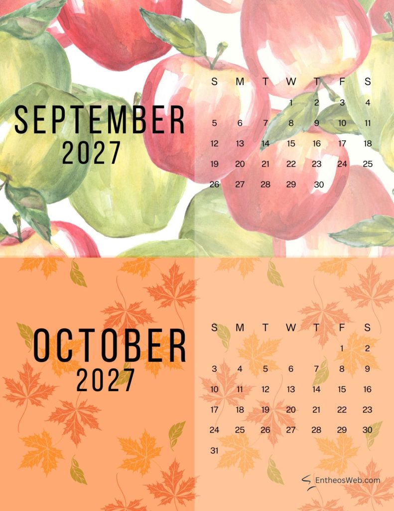 Septemberoctober 2027 calendar with fruit artwork and orange leaf pattern background 2027 september apples and october leaves two month calendar