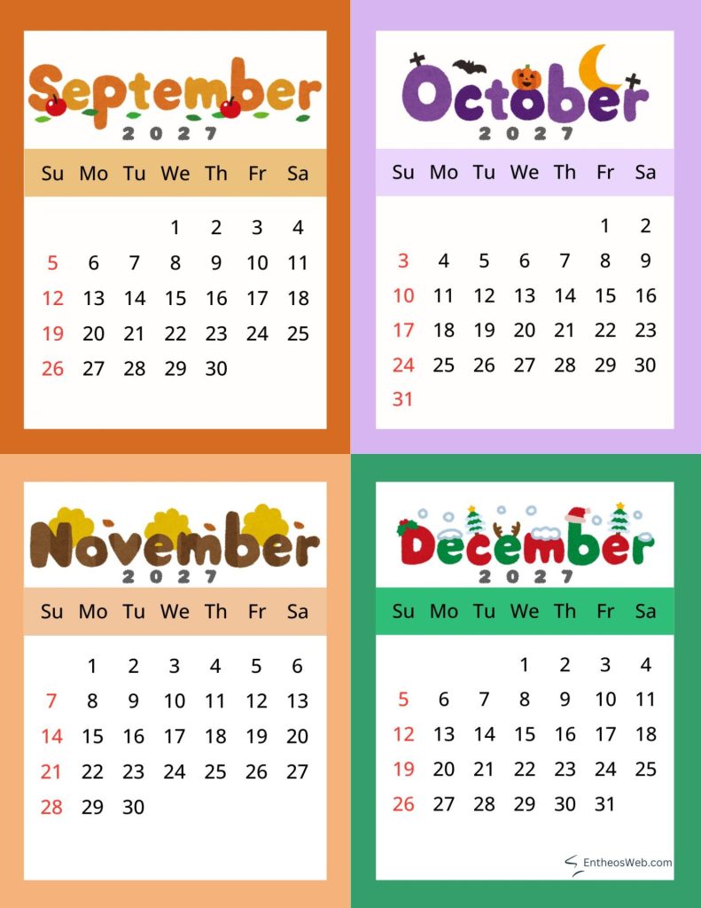 Collage of four 2027 calendars septdec with colorful backgrounds each shows the month name year days of the week and numbered dates 2027 september october november and december   four month calendar
