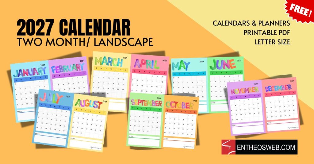 2027 two month calendar landscape   watercolor font 2027 two month calendar landscape   watercolor font