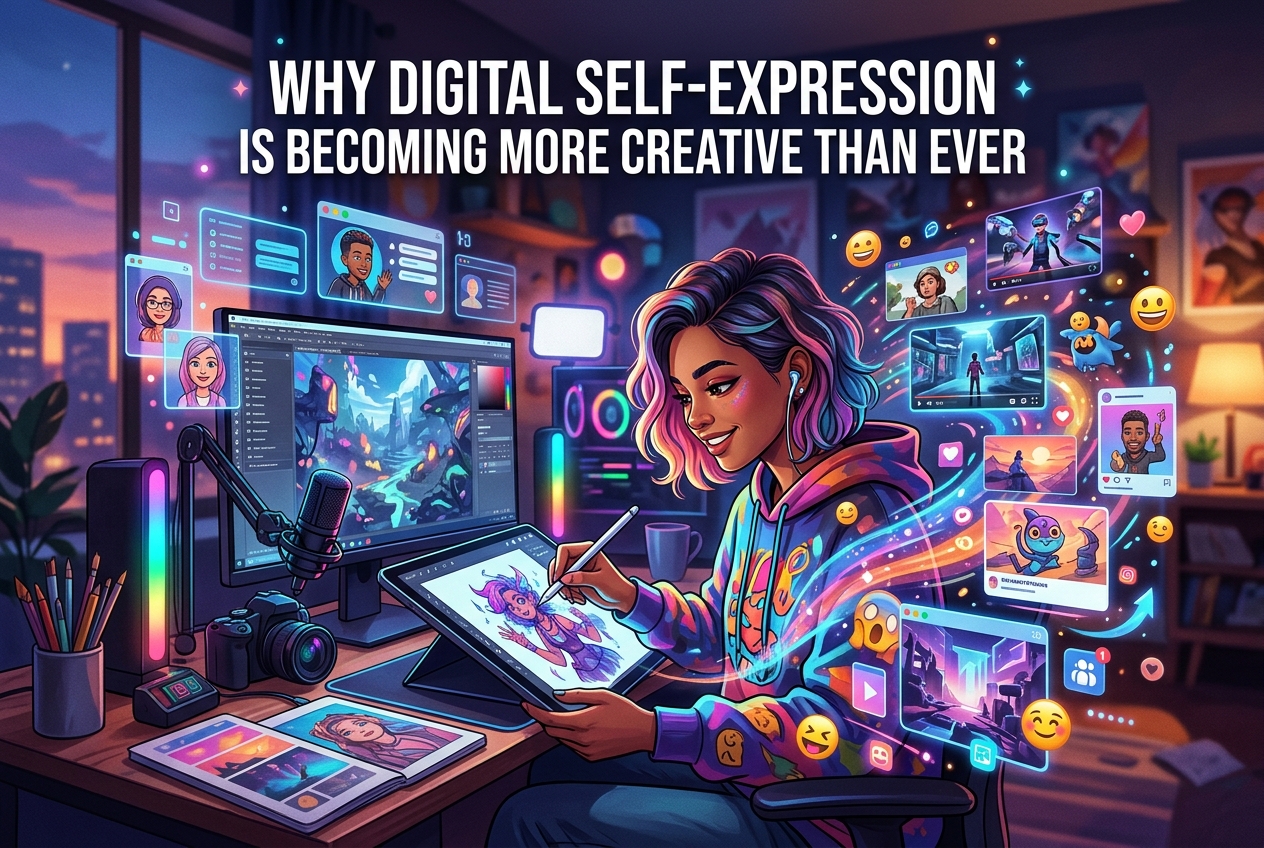 Young artist drawing on a tablet at a neon-lit desk, with multiple screens and floating social icons.