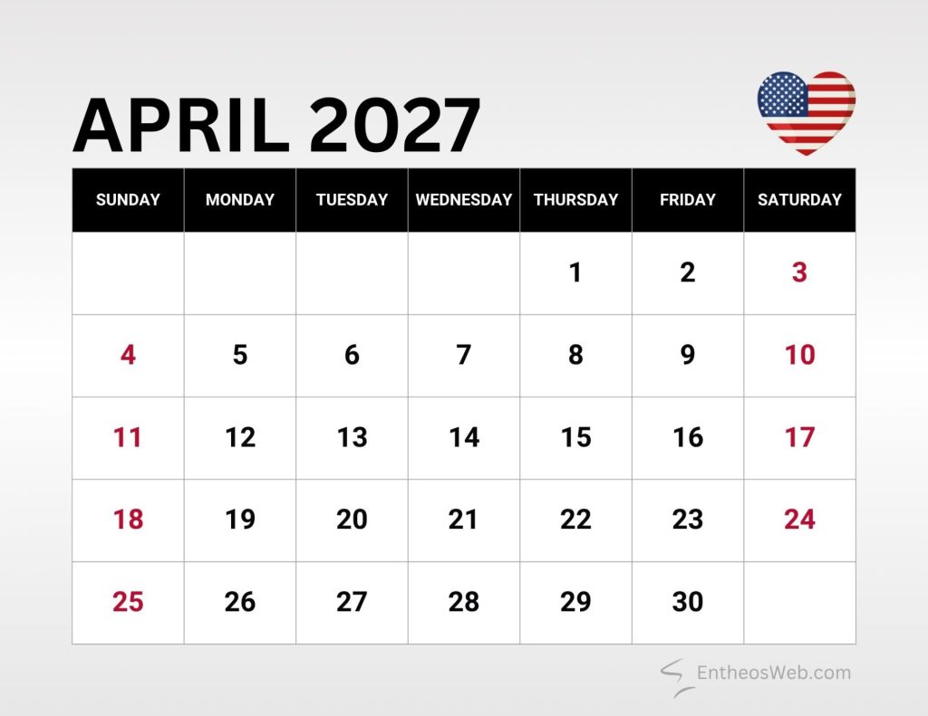 April 2027 calendar header with a heart shaped american flag to the right black weekday headers and a grid of dates sundays in red April 2027 calendar with us federal holidays