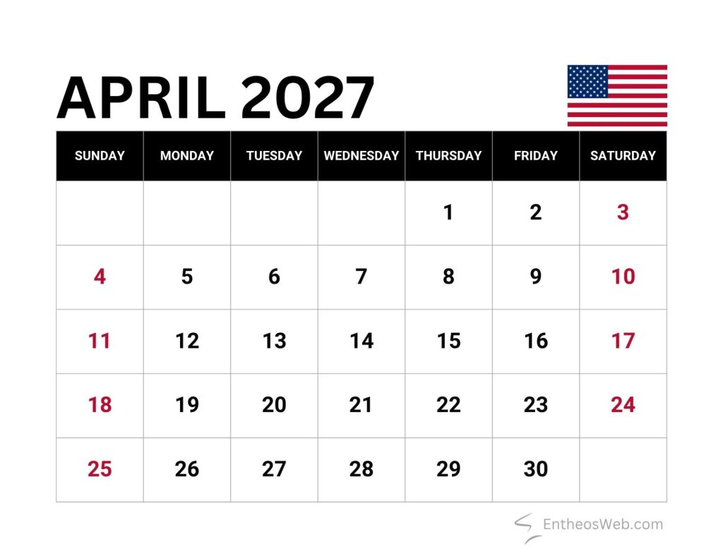 April 2027 calendar grid with days of week header and dates 130 us flag in top right April 2027 calendar with us federal holidays