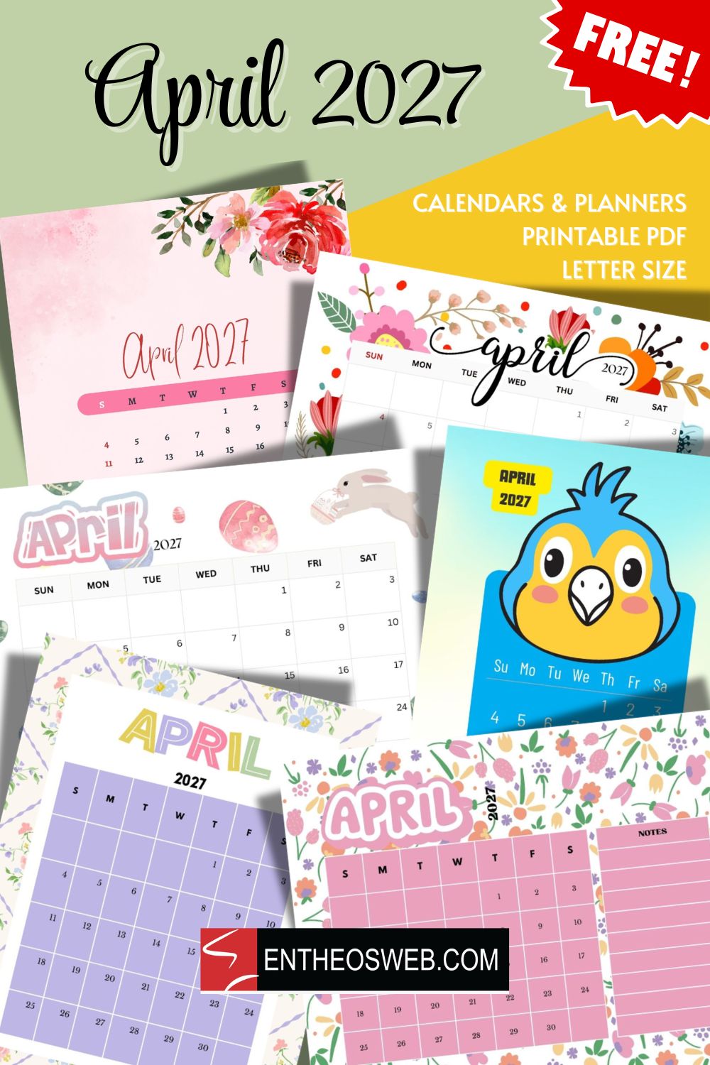 April 2027 calendars letter size printable pin | april 2027 calendars | entheosweb Collage of colorful april 2027 printable calendars with a free badge and website link entheosweb Com April 2027 calendars letter size printable pin