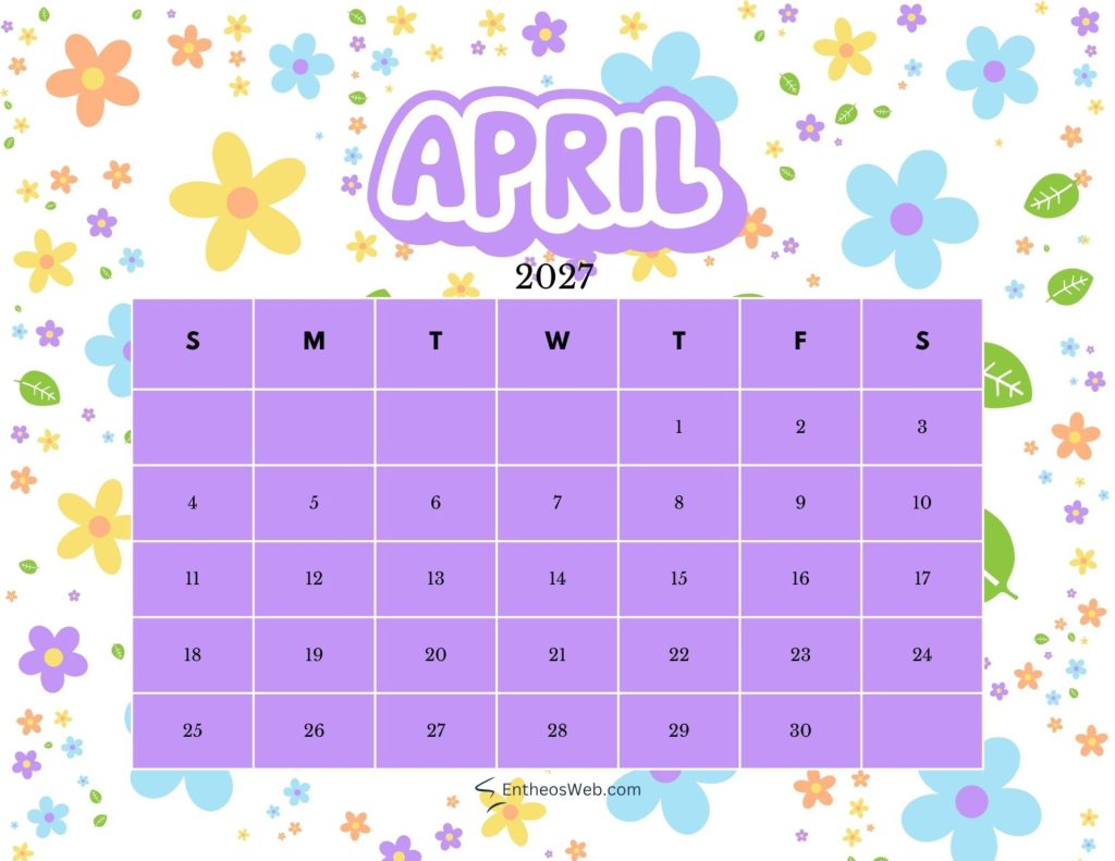 April 2027 calendar grid with purple date blocks on a flower patterned background April 2027 printable calendar floral themed